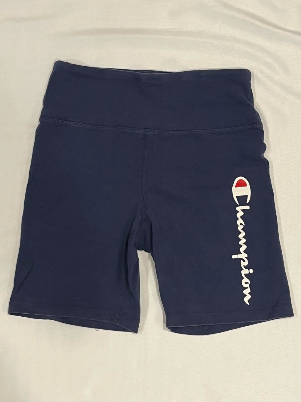 Champion Navy Bike Shorts with White Script Logo and Red Accent